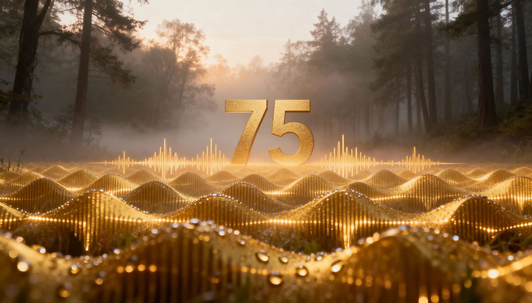 Glowing Gold 75 Hovering Over Digital Waveform in Misty Pine Forest with Dewy Waves