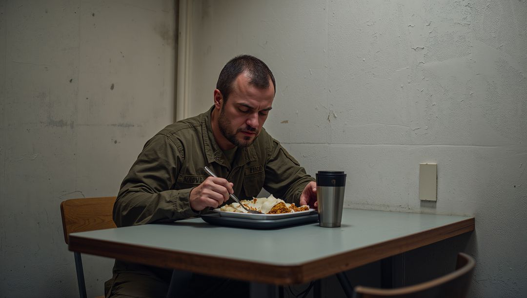 Solitary man in military jacket eating at institutional breakroom table with travel mug