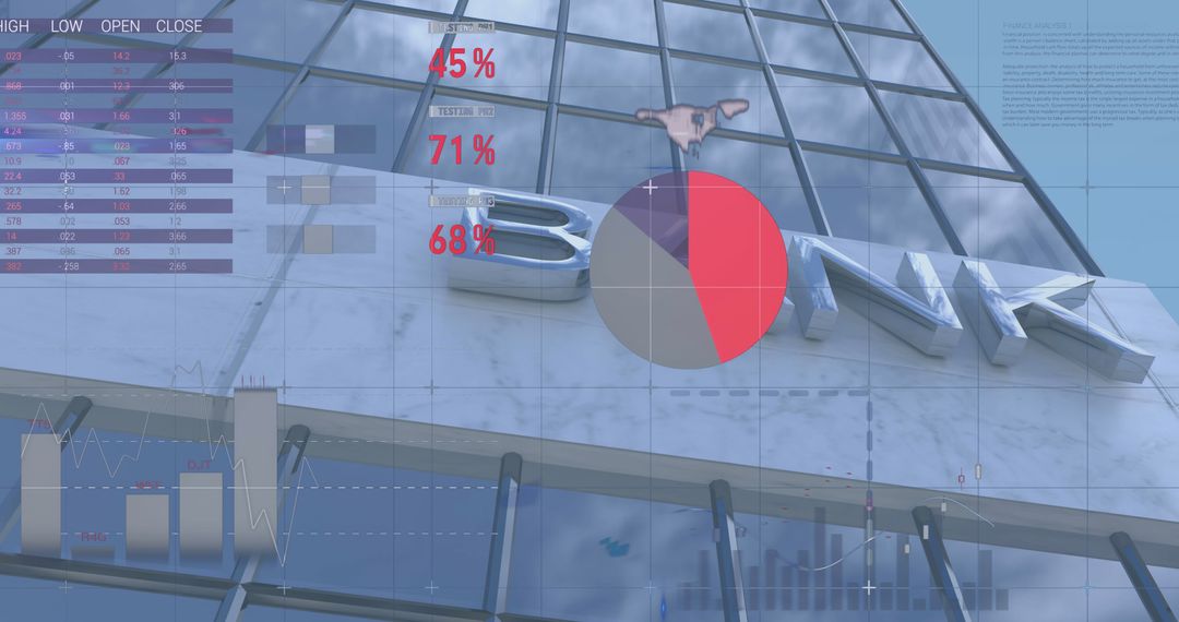Digital Data Animation Overlay on Skyscraper Reflecting Global Business Trends