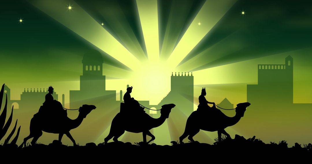 Silhouette of Three Wise Men Journeying Over Cityscape at Dusk