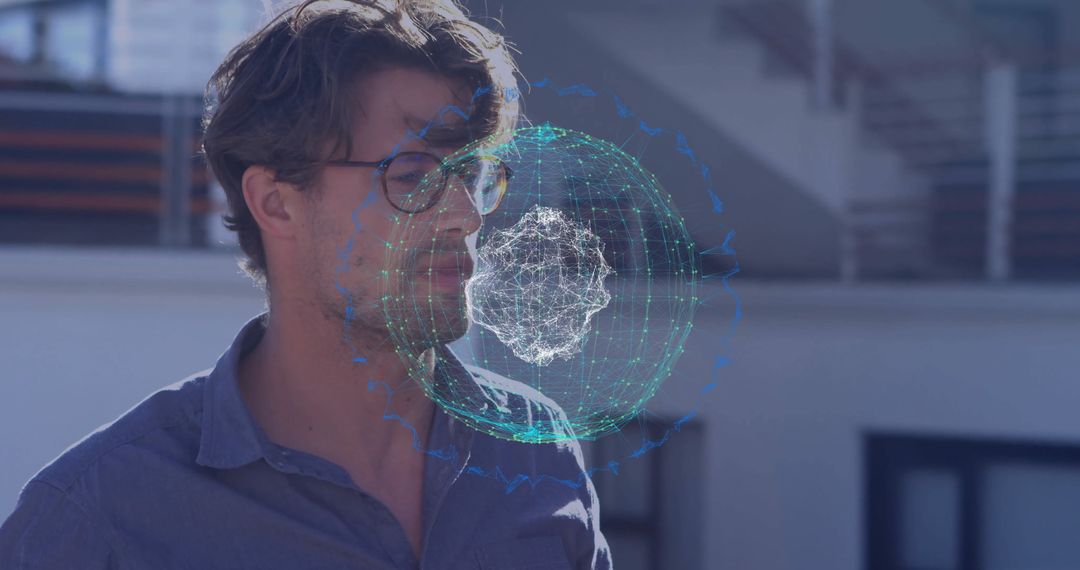 Professional Using Holographic Interface on Rooftop