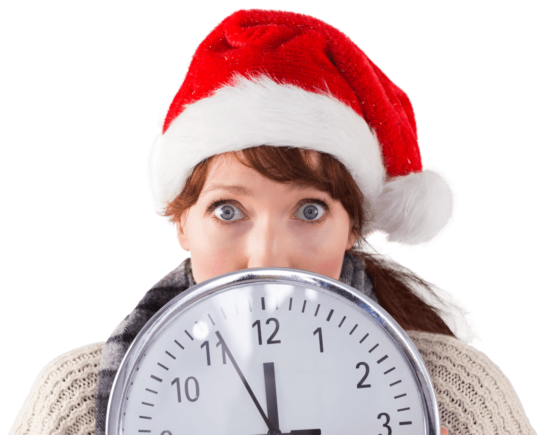 Surprised Woman Holding Clock with Santa Hat on Transparent Background