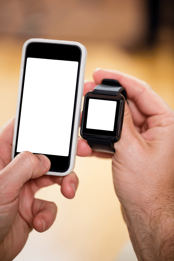 Transparent Screen Smartphone Connceting with Smartwatch Up Close
