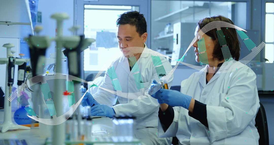 Diverse Scientists Discussing with DNA Overlay in Modern Laboratory