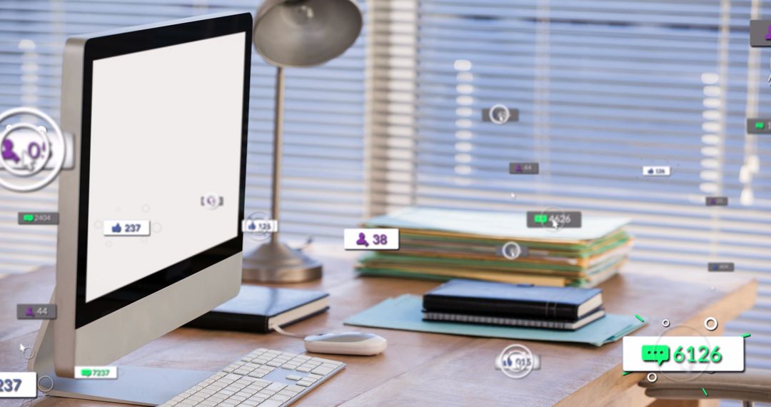 Social Media Icons Hovering Over Modern Office Workspace