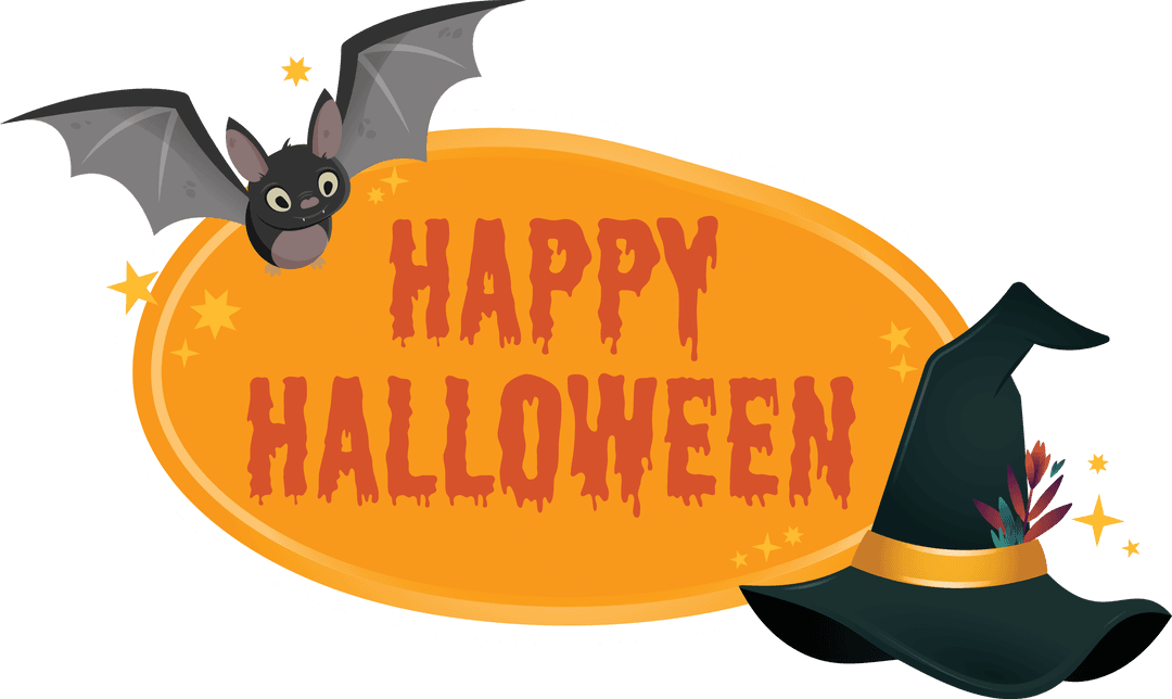 Transparent Happy Halloween Illustration with Bat and Witch Hat