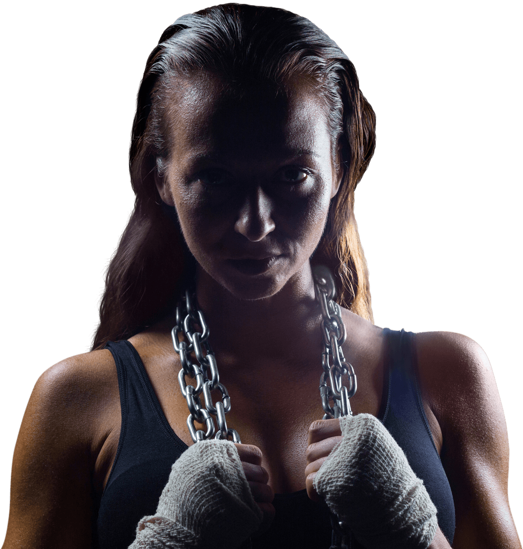 Powerful Female Boxer with Chain on Transparent Background