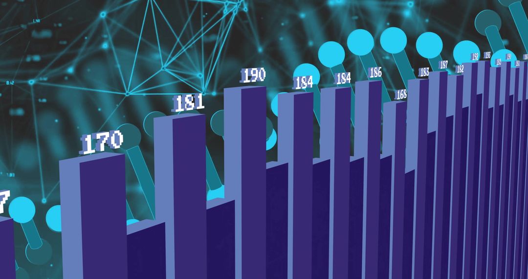 3D Violet Bar Chart with Data Analytics and Network Visualization