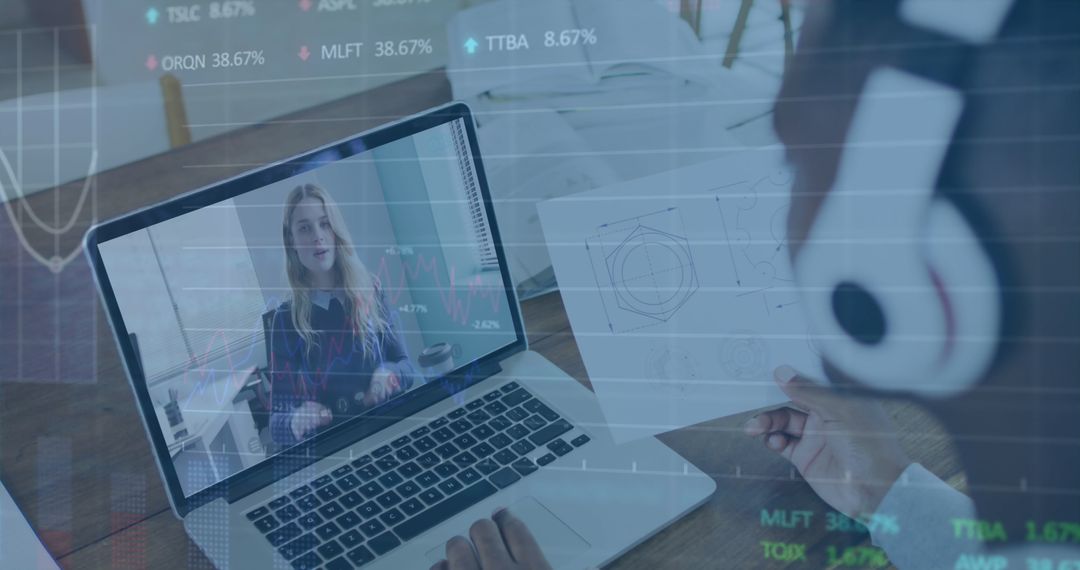Business Team Video Call Overlay with Digital Data Graphs