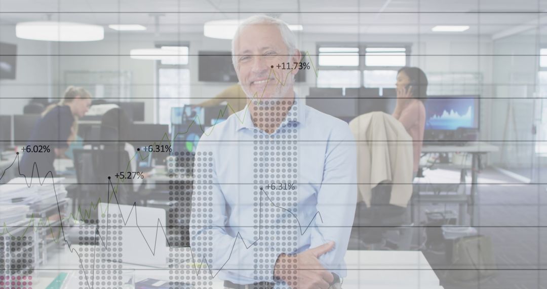 Smiling Businessman with Statistics Overlaid in Modern Office