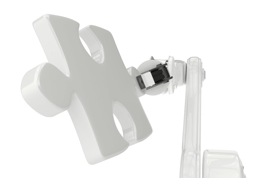 Transparent Robot Arm Holding Jigsaw Puzzle Piece in Motion