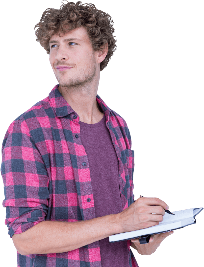 Curly-haired Man with Notebook Facing Away Transparent