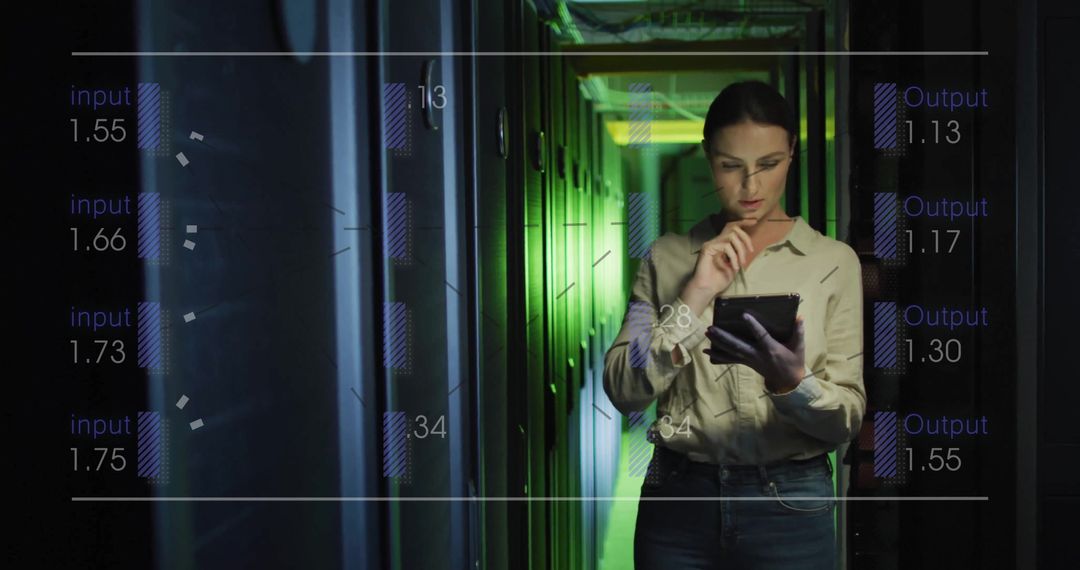 Female IT Technician Analyzing Data on Tablet in Server Room