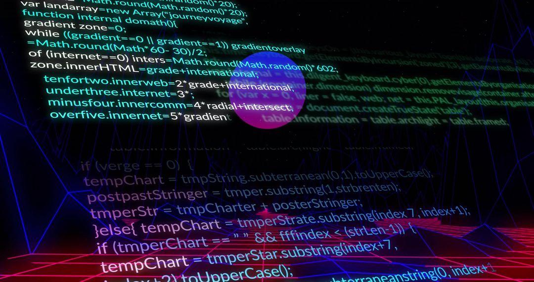 Futuristic Code with Neon Grid and Hovering Sphere in Cyberspace