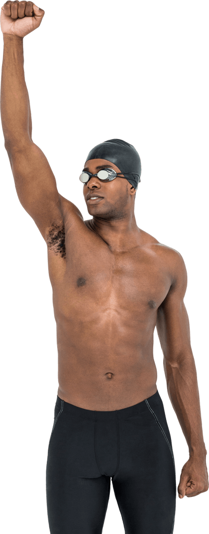 Confident Swimmer Celebrating Victory with Raised Fist Pose