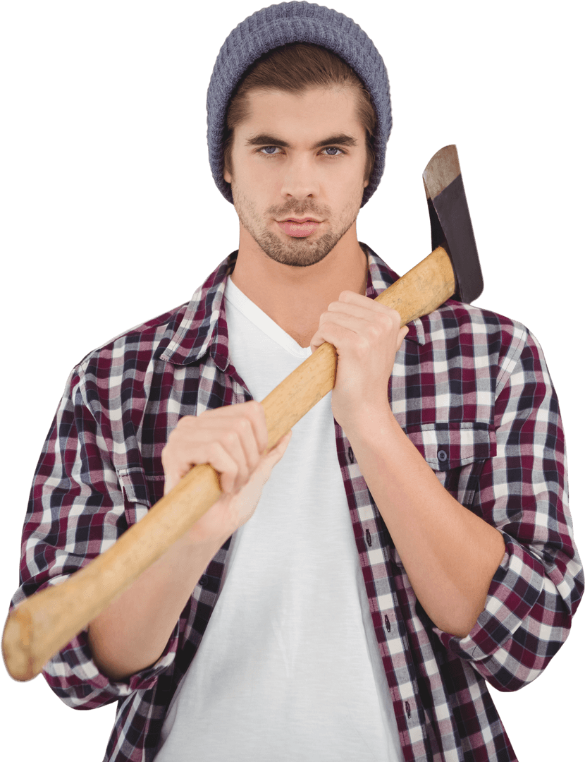 Man in Flannel Standing Confidently with Axe on Transparent Background