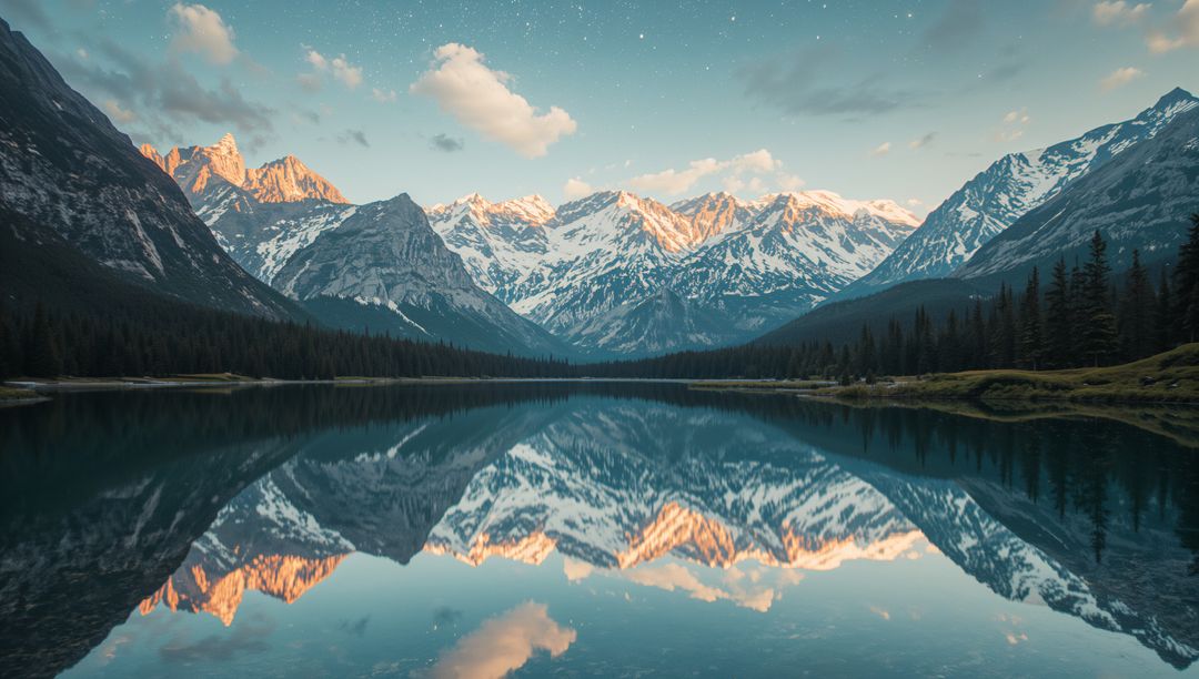 Snow-Capped Mountain Reflections on Tranquil Alpine Lake