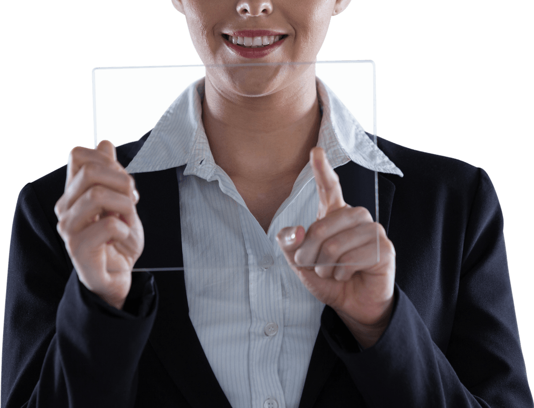 Businesswoman Interacting With Transparent Screen Device