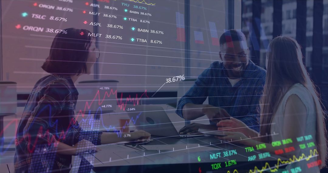 Diverse Team Analyzing Digital Data Overlay in Office Setting