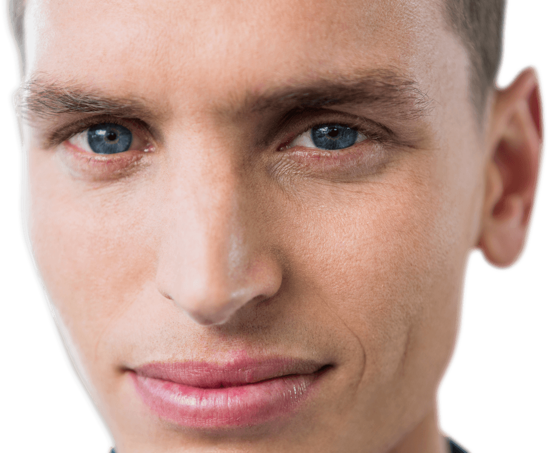 Close-Up Face of Man with Intense Blue Eyes on Transparent Background