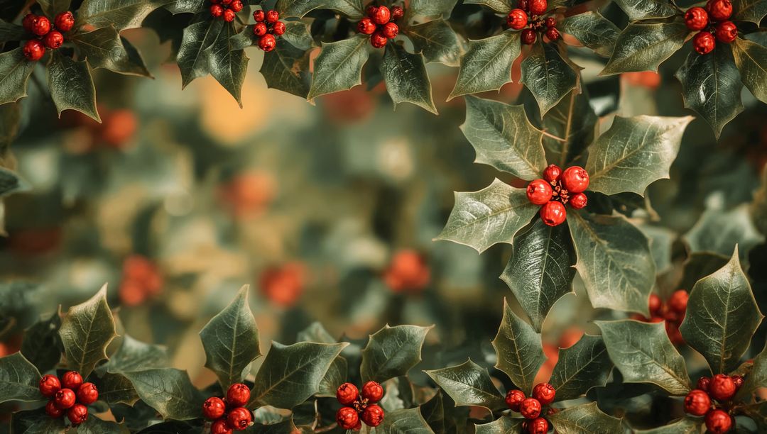 Festive Holly Border with Glossy Green Leaves and Bright Red Berries, Bokeh Background