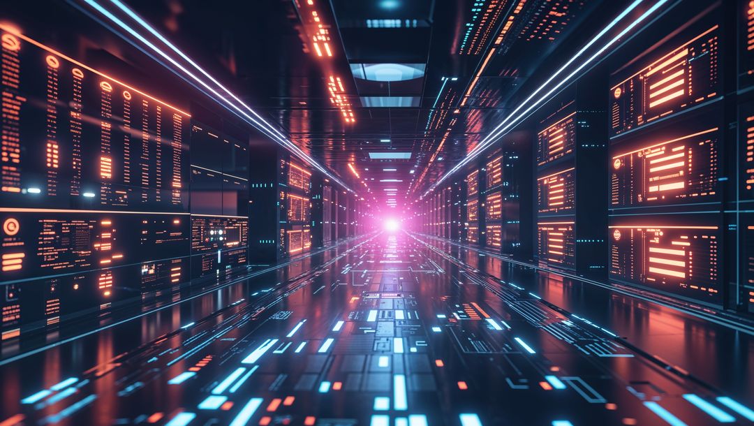 Futuristic data corridor in digital data center with led lights for website designs