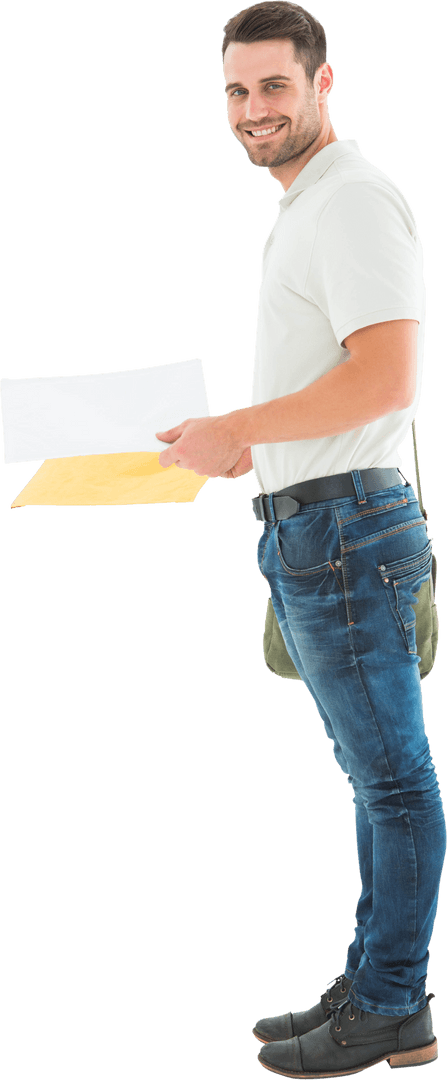 Smiling Delivery Man Holding Envelopes and Documents Transparent Background