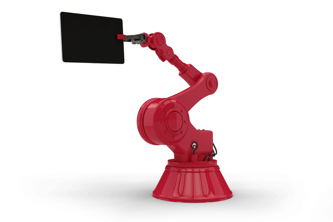 Red Robotic Arm with Tablet on Transparent Background Illustration