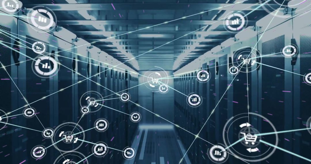 Digital Network and Shopping Interface Overlays in Server Room