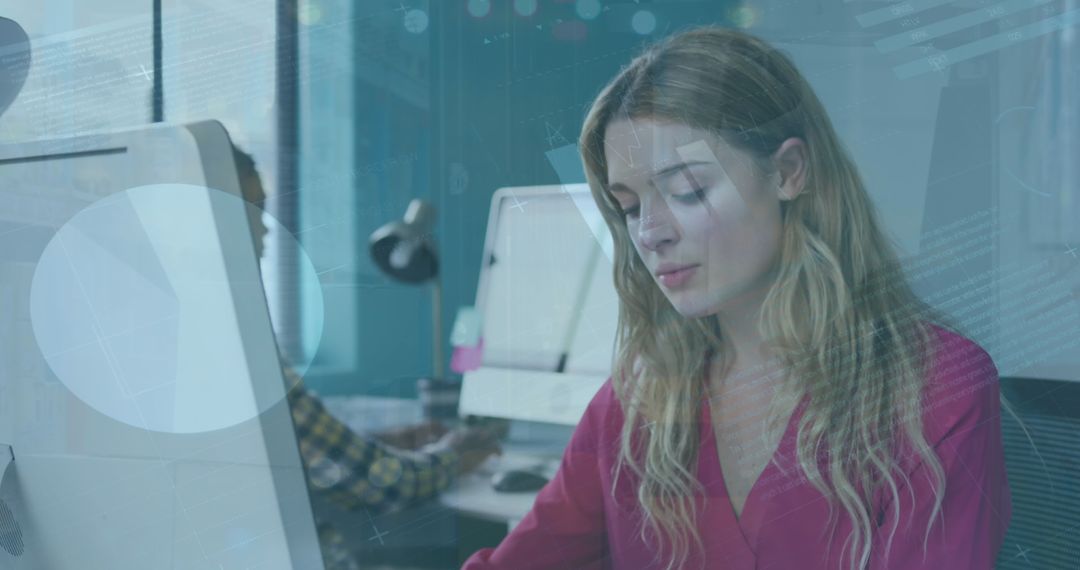 Caucasian Businesswoman Analyzing Statistical Data at Office Computer