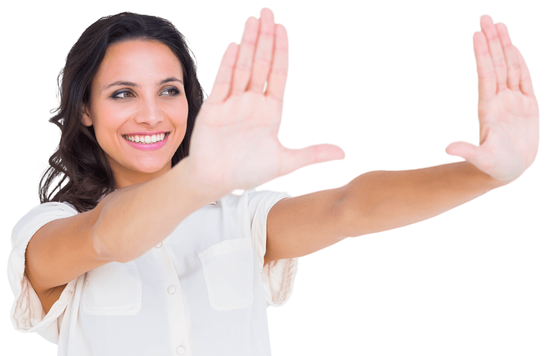 Smiling Woman Holding Hands Transparent Confident Gesture