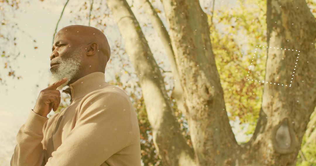 Elder man pondering in sunlit park portrait with dotted graphic overlay and copy space