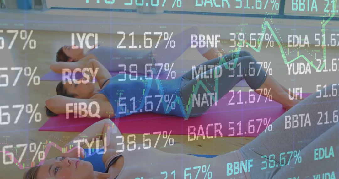 Women Exercising with Financial Data Overlay Symbolizing Analytics in Fitness