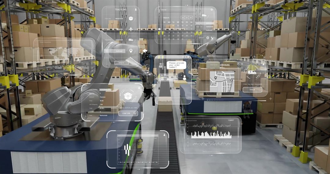 Automated Warehouse Robotics with Digital Interface Overlay