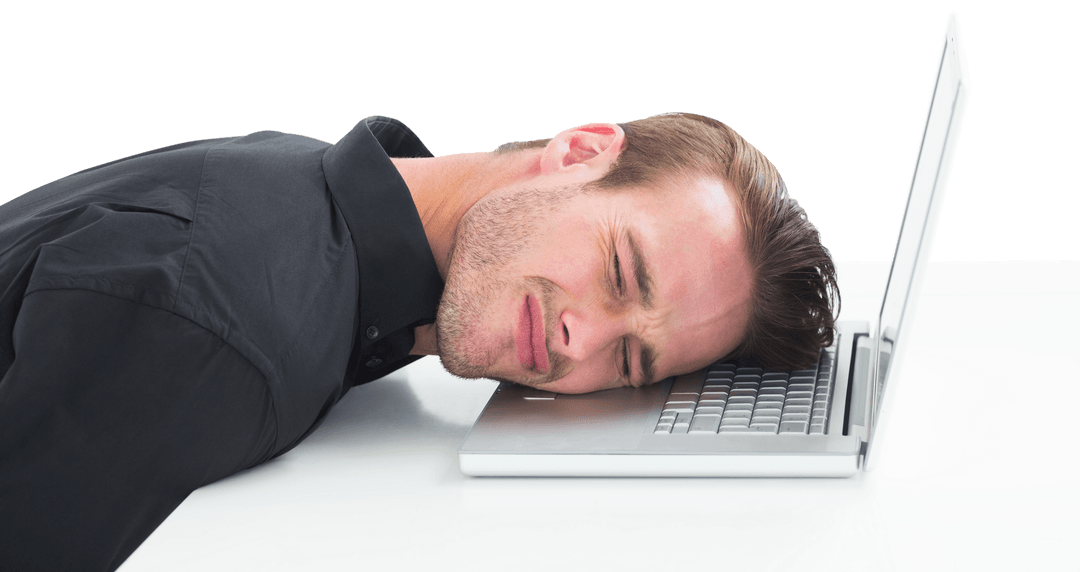 Overtired Businessman Transparent Background, Head Resting on Laptop