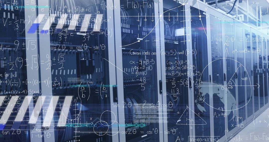 Futuristic Data Center with Mathematical Formulas Overlay