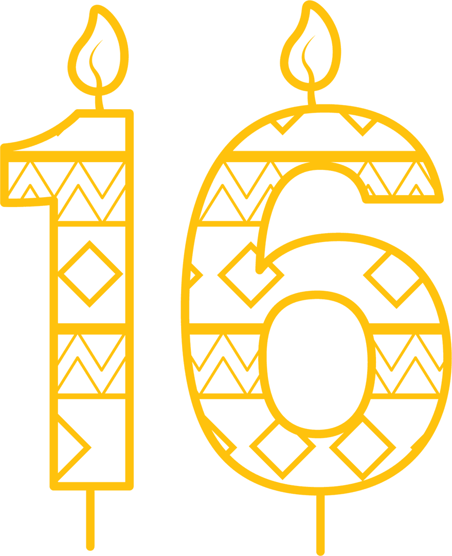 Yellow Number 16 Birthday Candle with Pattern on Transparent Background