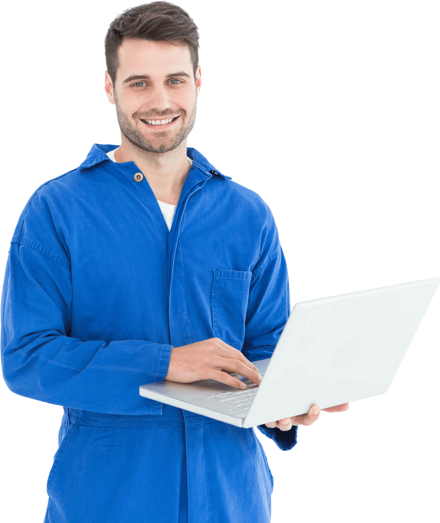 Joyful Mechanic Using Laptop on Transparent Background
