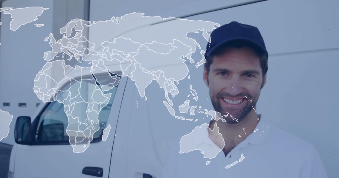 Caucasian Delivery Professional with Global Map Overlay