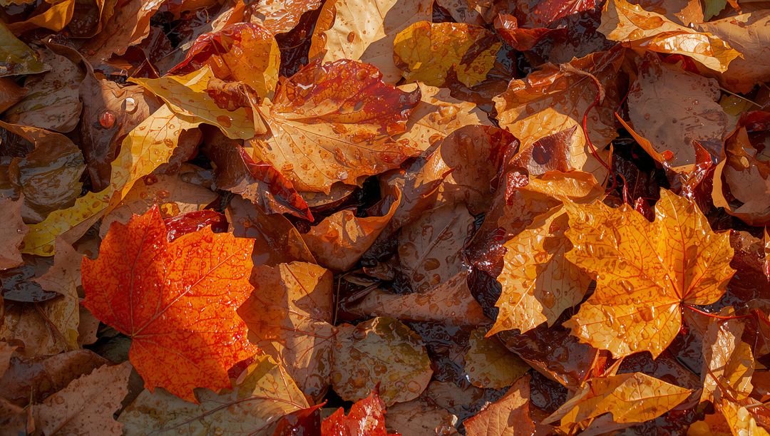 Wet maple leaves macro carpeting ground showing vibrant orange-red autumn foliage