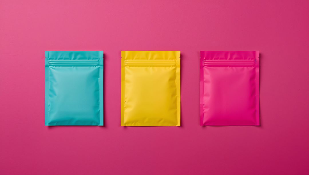 Colorful Resealable Pouches Over Pink Background for Product Display
