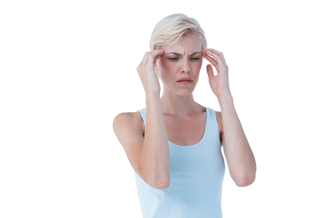 Transparent background woman tackling headache stress problem