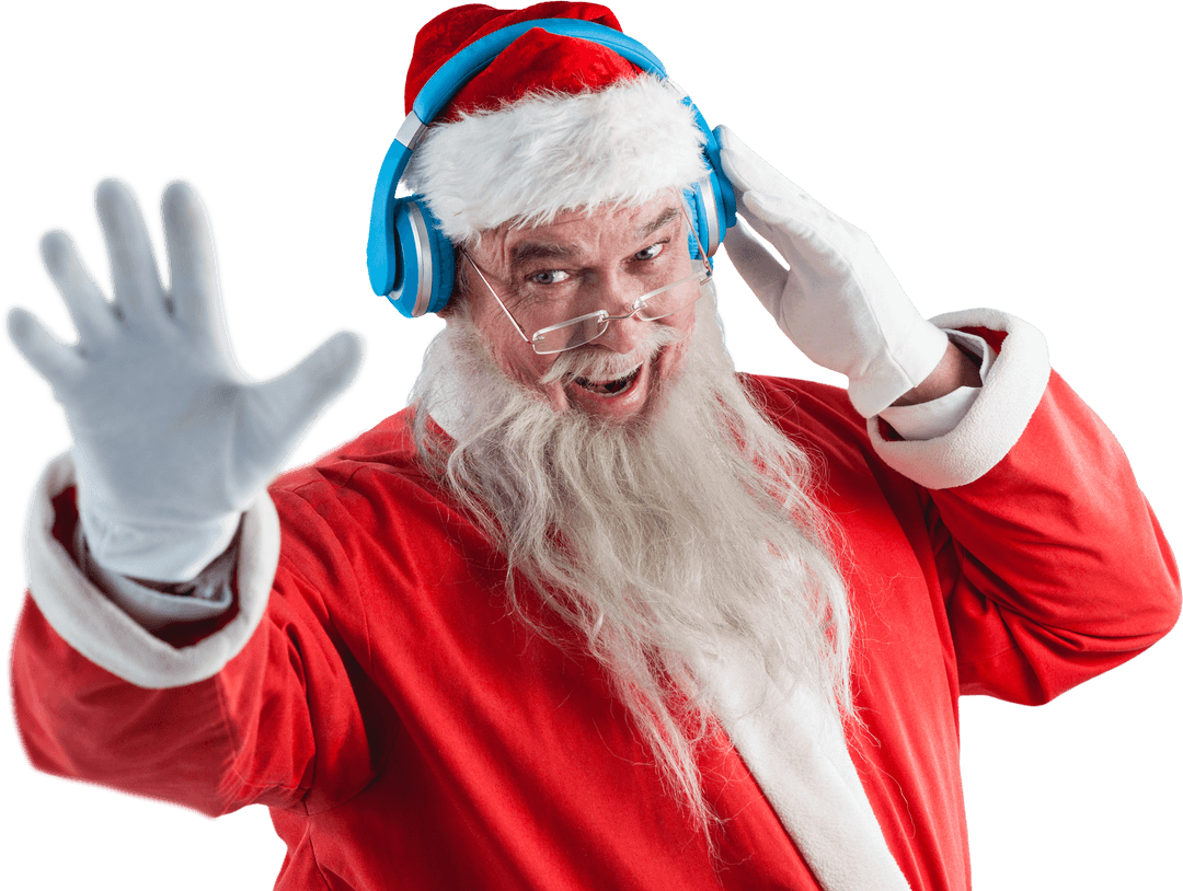 Smiling Santa Claus Listening to Music with Transparent Headphones