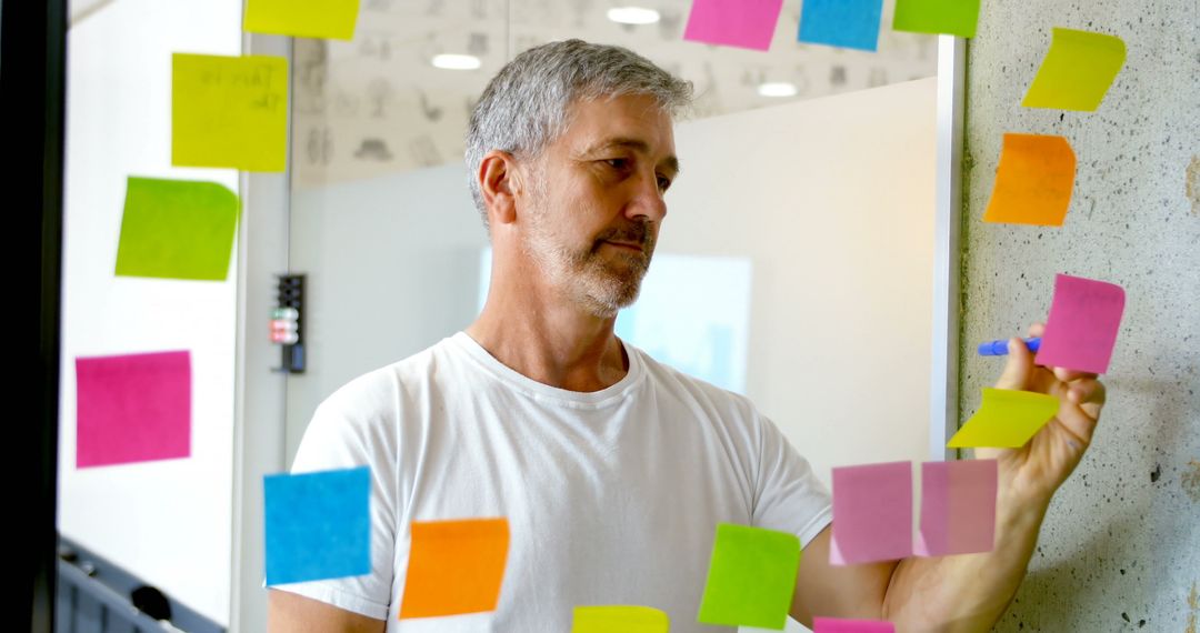 Businessman Organizing Sticky Notes on Office Glass Wall - Free Images, Stock Photos and Pictures on Pikwizard.com