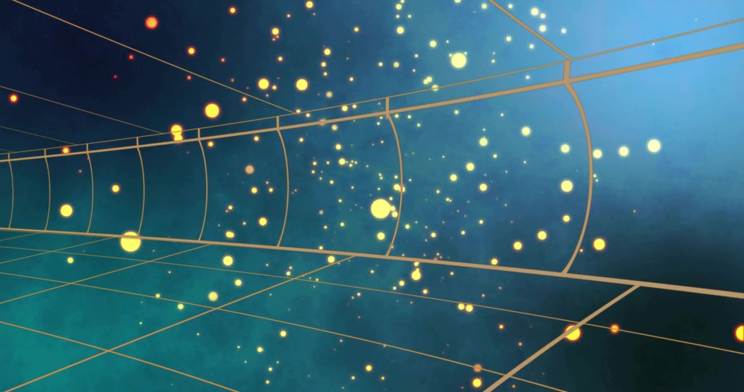 Golden Wireframe Tunnel Carrying Glowing Orbs Through Futuristic Neon Corridor