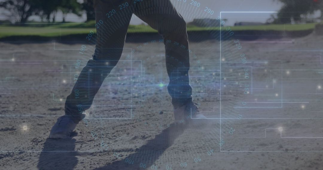 Man Standing on Field with Data Overlay Symbolizing Outdoor Innovation