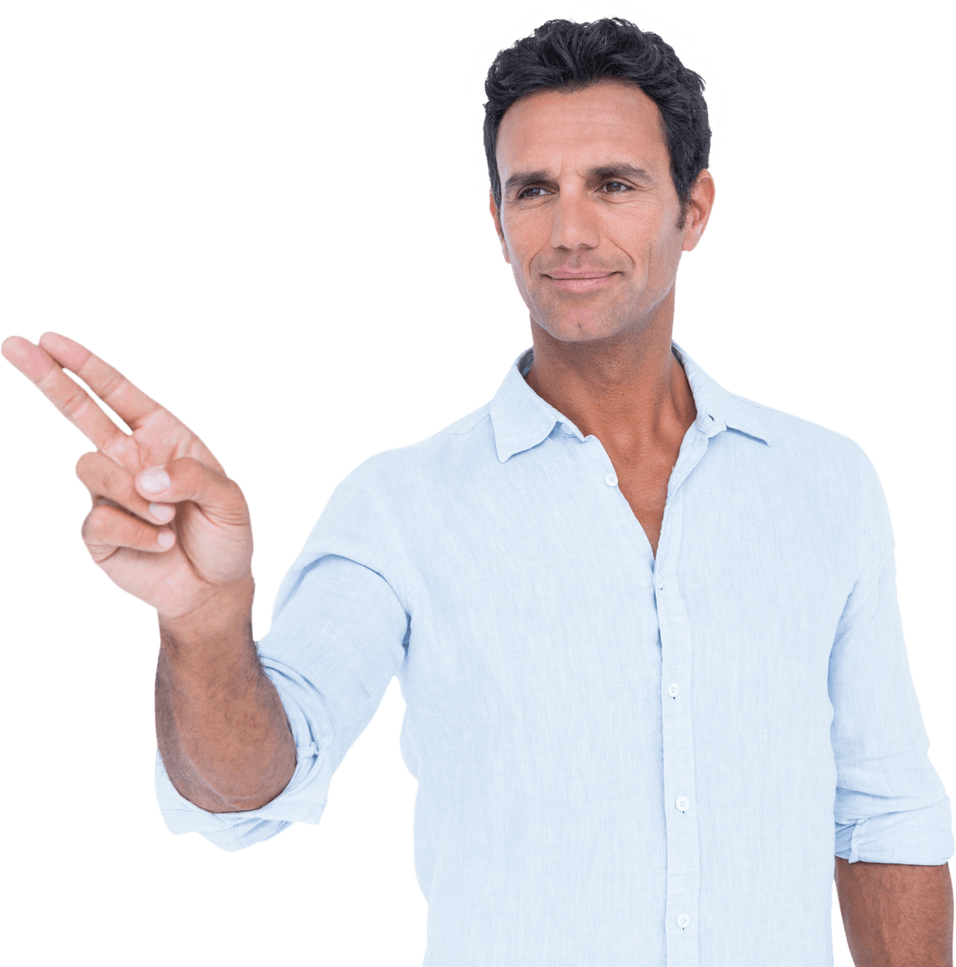 Confident man making gun gesture on transparent background