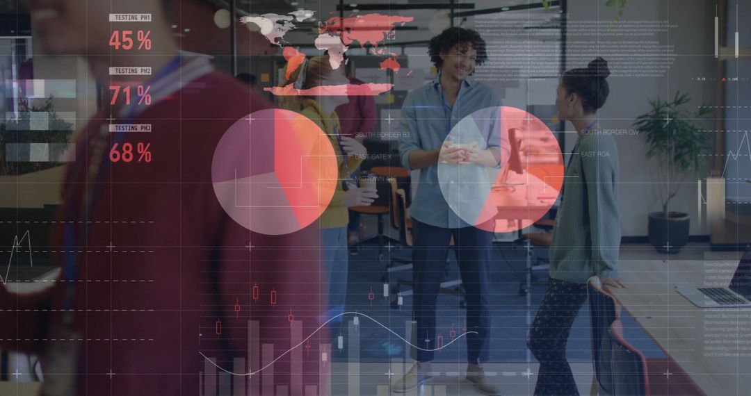 Diverse Team Collaborating with Digital Data Visualization in Office