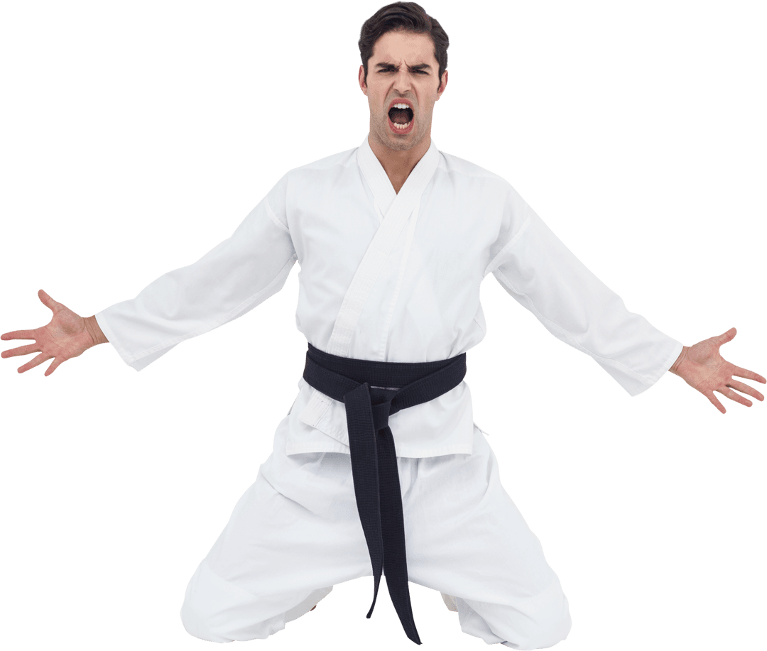 Aggressive Martial Artist in White Gi with Kata Pose on Transparent Background