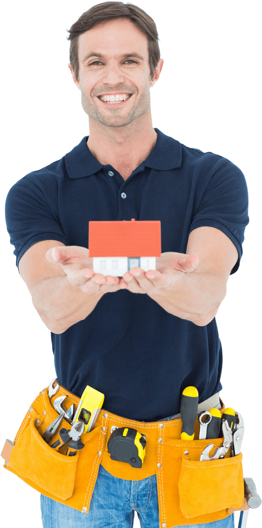 Smiling Craftsman Presenting Miniature House with Transparent Background